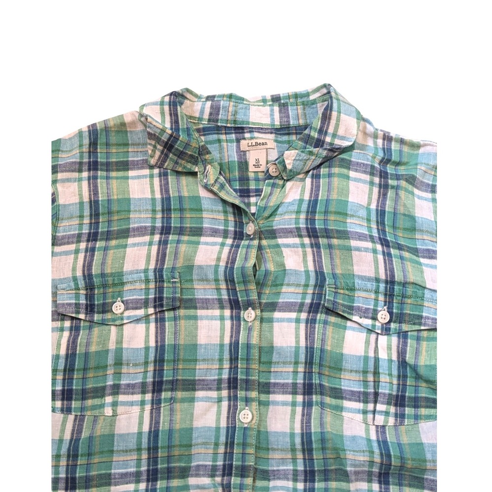 LL Bean Womens XL Plaid‎ Button Down Long Sleeve Shirt Green Blue Casual